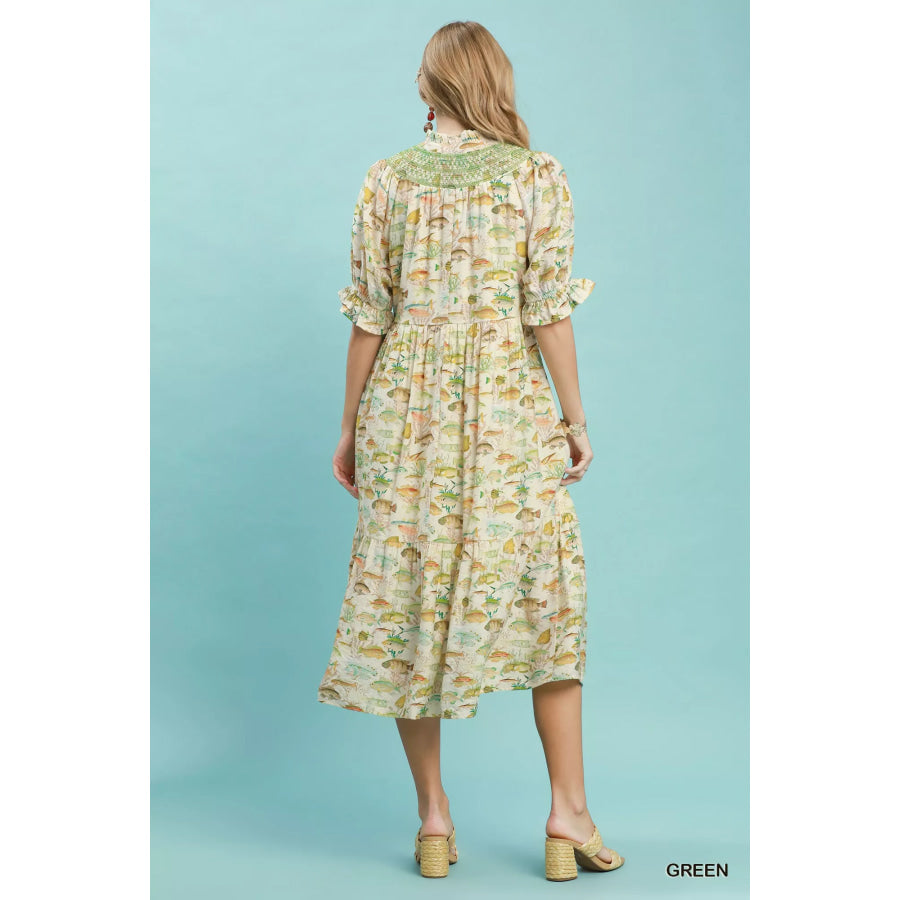 Umgee Print Tiered Midi Dress Apparel and Accessories