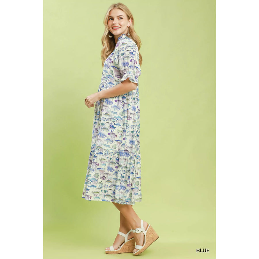Umgee Print Tiered Midi Dress Apparel and Accessories