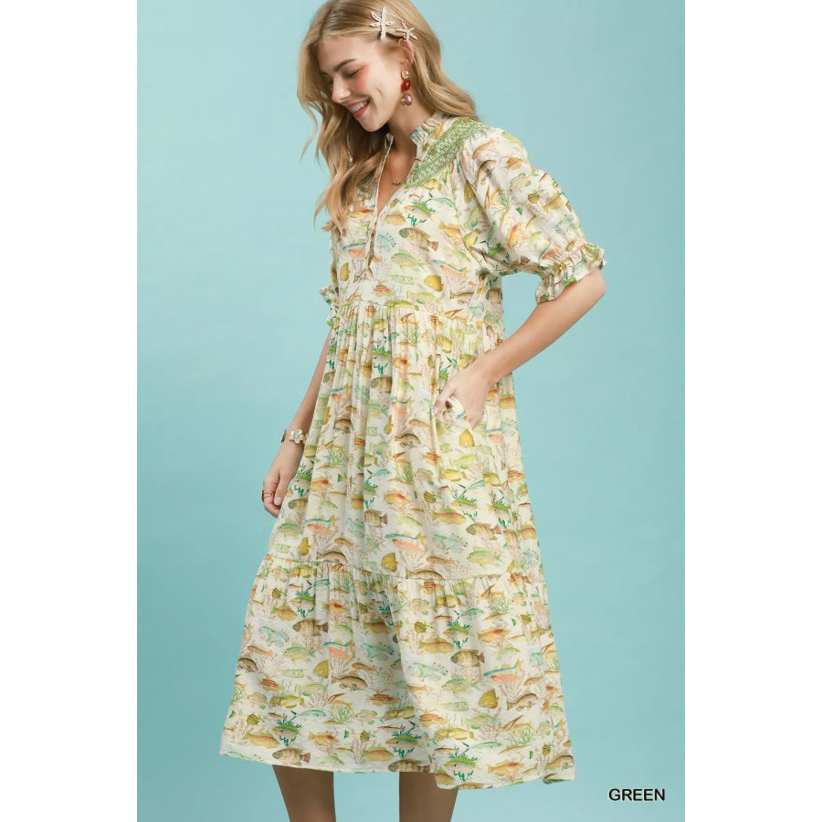 Umgee Print Tiered Midi Dress GREEN / S Apparel and Accessories