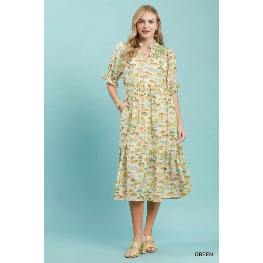 Umgee Print Tiered Midi Dress Apparel and Accessories