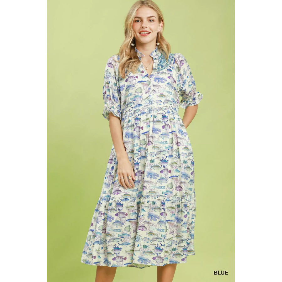 Umgee Print Tiered Midi Dress BLUE / S Apparel and Accessories
