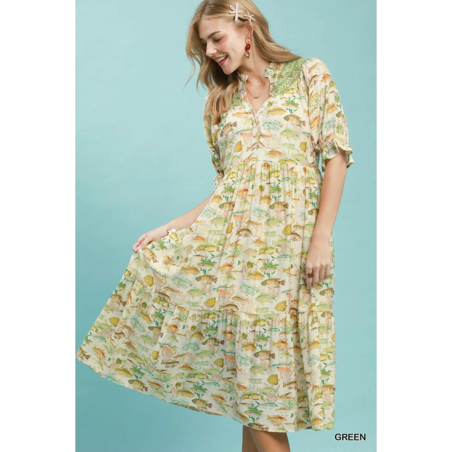 Umgee Print Tiered Midi Dress GREEN / S Apparel and Accessories