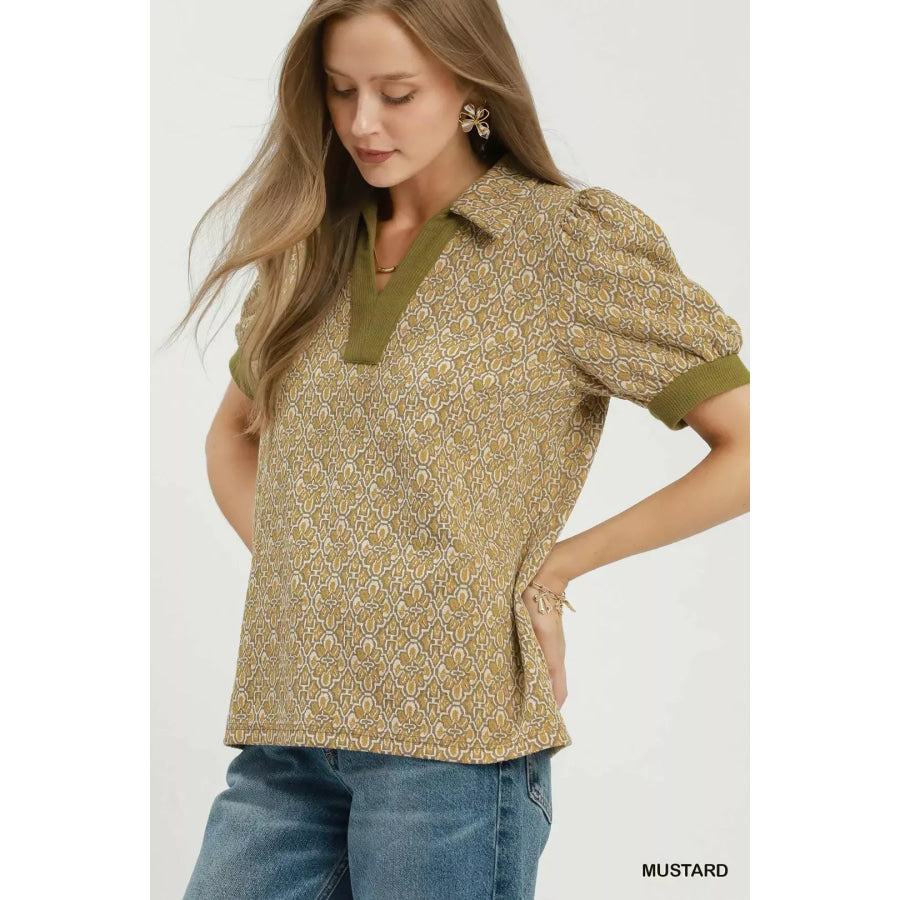 Umgee Printed Collared Puff Sleeve Top MUSTARD / S Apparel and Accessories
