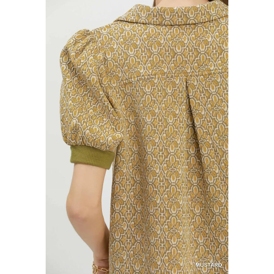 Umgee Printed Collared Puff Sleeve Top Apparel and Accessories