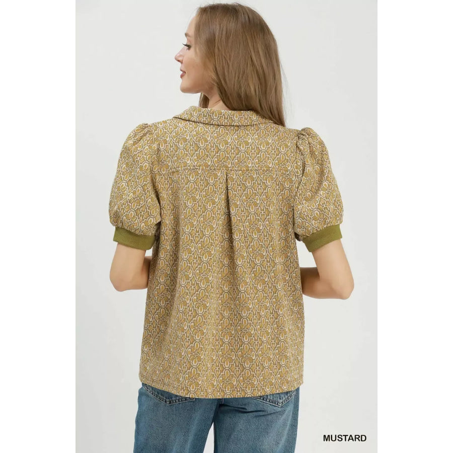 Umgee Printed Collared Puff Sleeve Top Apparel and Accessories