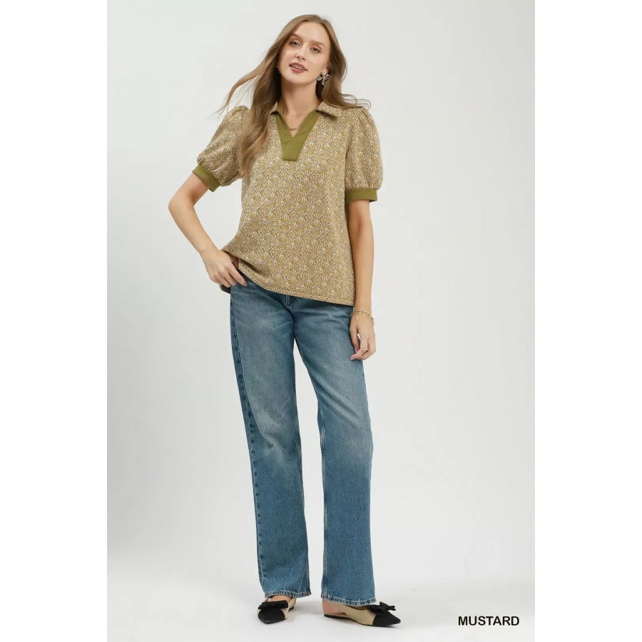 Umgee Printed Collared Puff Sleeve Top Apparel and Accessories