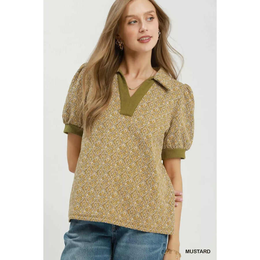 Umgee Printed Collared Puff Sleeve Top MUSTARD / S Apparel and Accessories