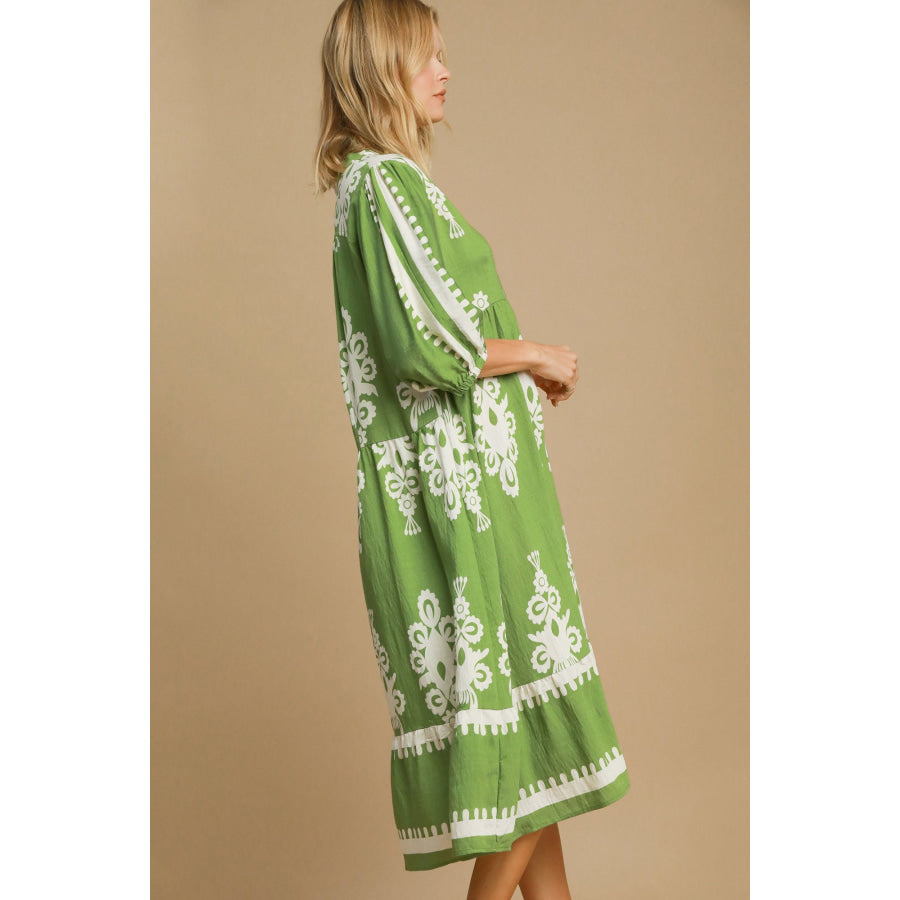 Umgee Printed Notched Midi Dress Apparel and Accessories