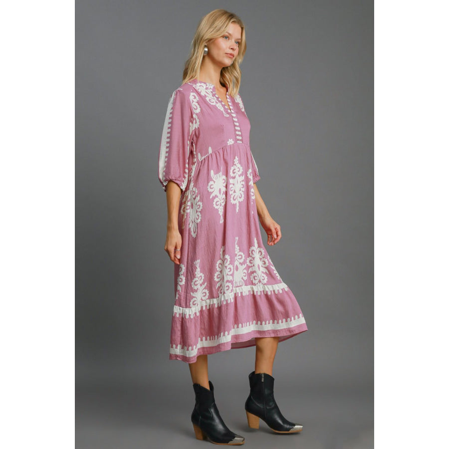 Umgee Printed Notched Midi Dress Apparel and Accessories