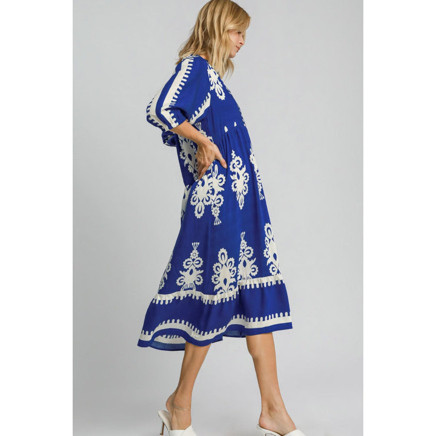 Umgee Printed Notched Midi Dress Apparel and Accessories