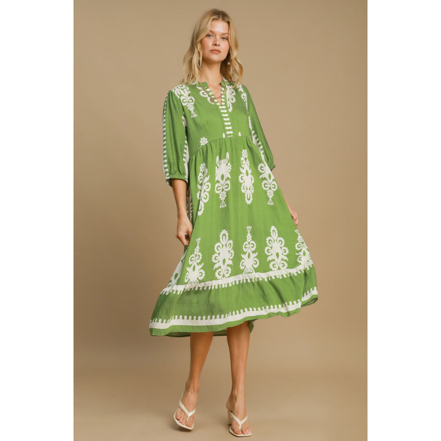 Umgee Printed Notched Midi Dress Apparel and Accessories