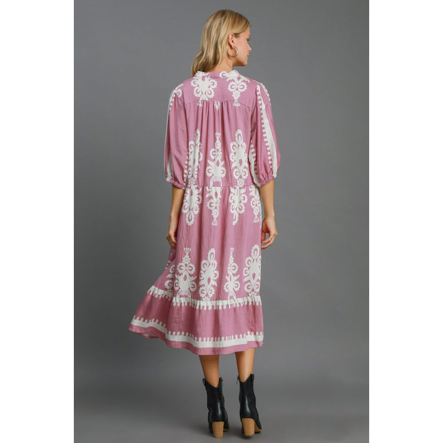 Umgee Printed Notched Midi Dress Apparel and Accessories