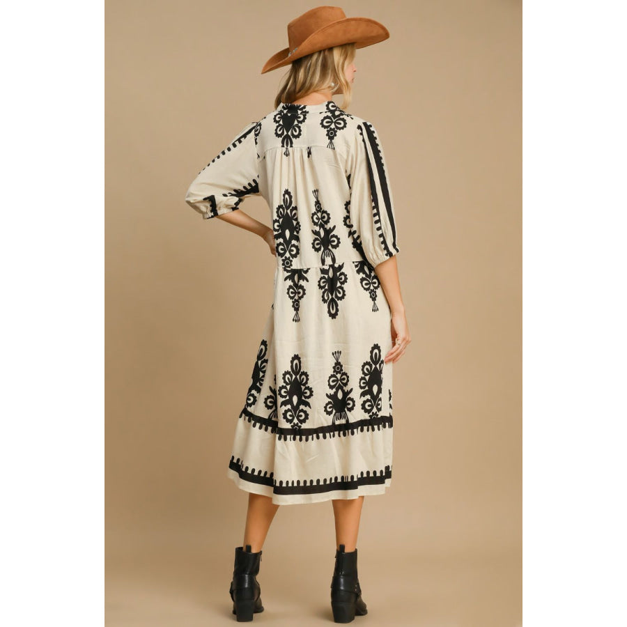 Umgee Printed Notched Midi Dress Apparel and Accessories