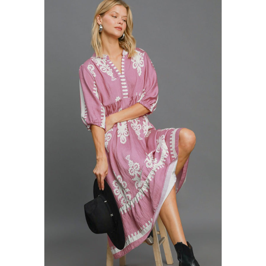 Umgee Printed Notched Midi Dress Apparel and Accessories