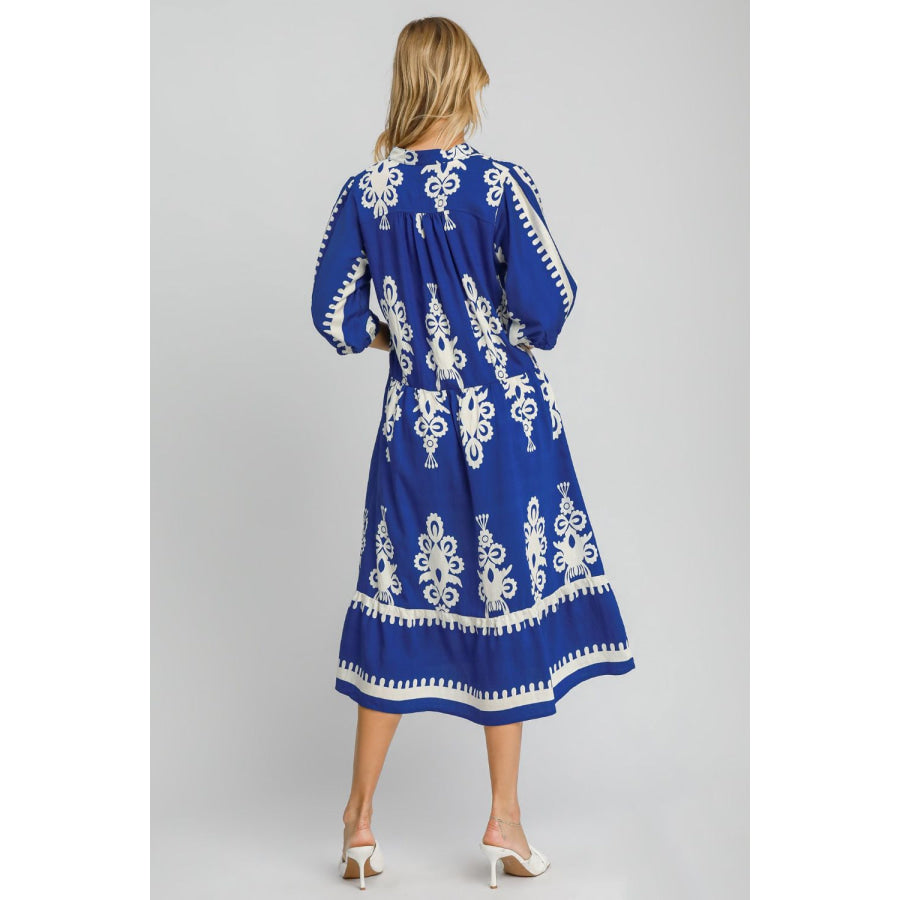 Umgee Printed Notched Midi Dress Apparel and Accessories