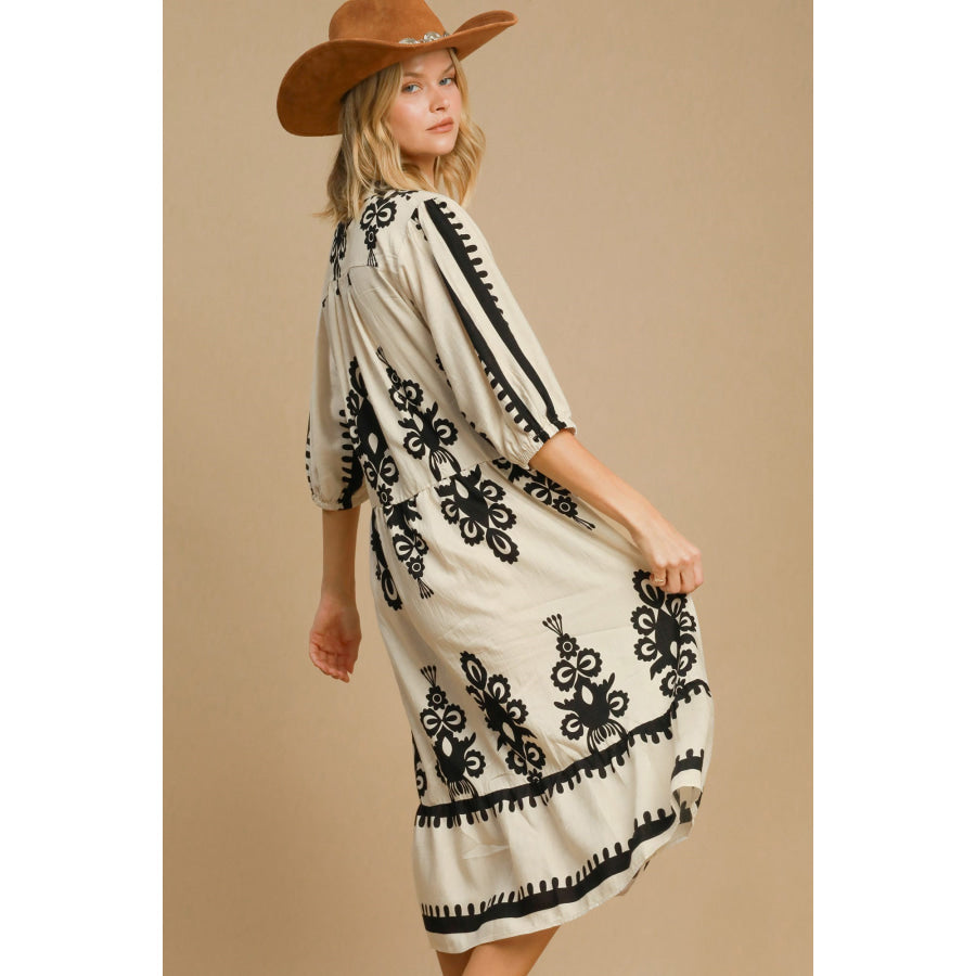 Umgee Printed Notched Midi Dress Apparel and Accessories