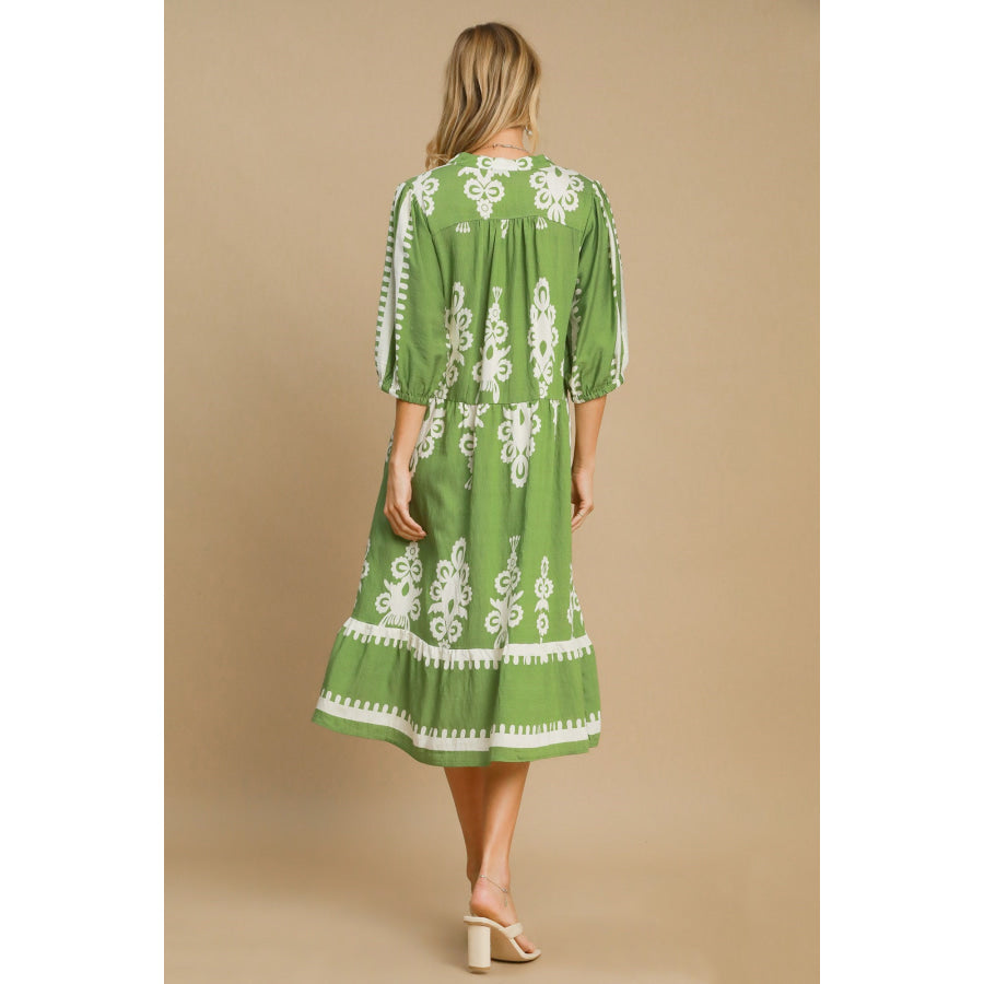 Umgee Printed Notched Midi Dress Apparel and Accessories