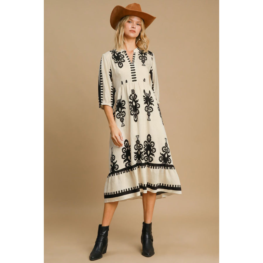 Umgee Printed Notched Midi Dress Apparel and Accessories