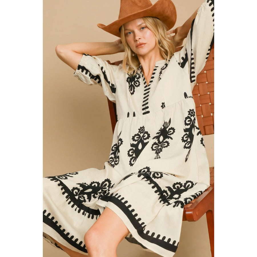 Umgee Printed Notched Midi Dress Cream / S Apparel and Accessories