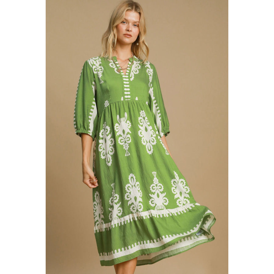 Umgee Printed Notched Midi Dress Lime / S Apparel and Accessories