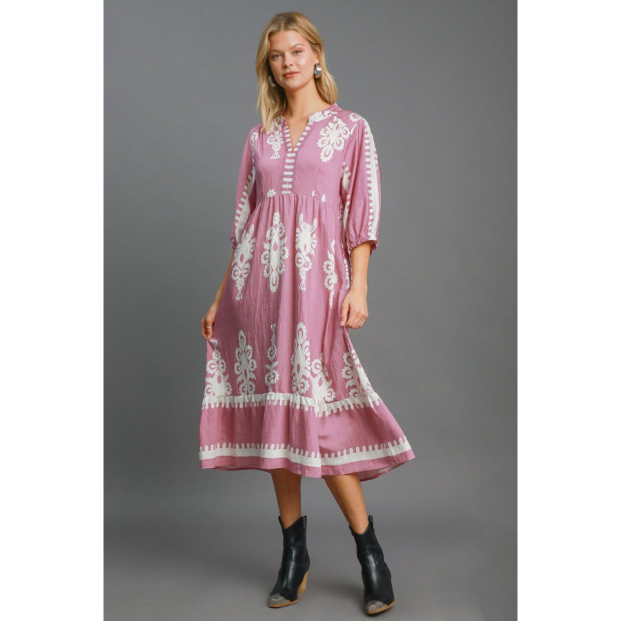 Umgee Printed Notched Midi Dress LT.MAUVE / S Apparel and Accessories