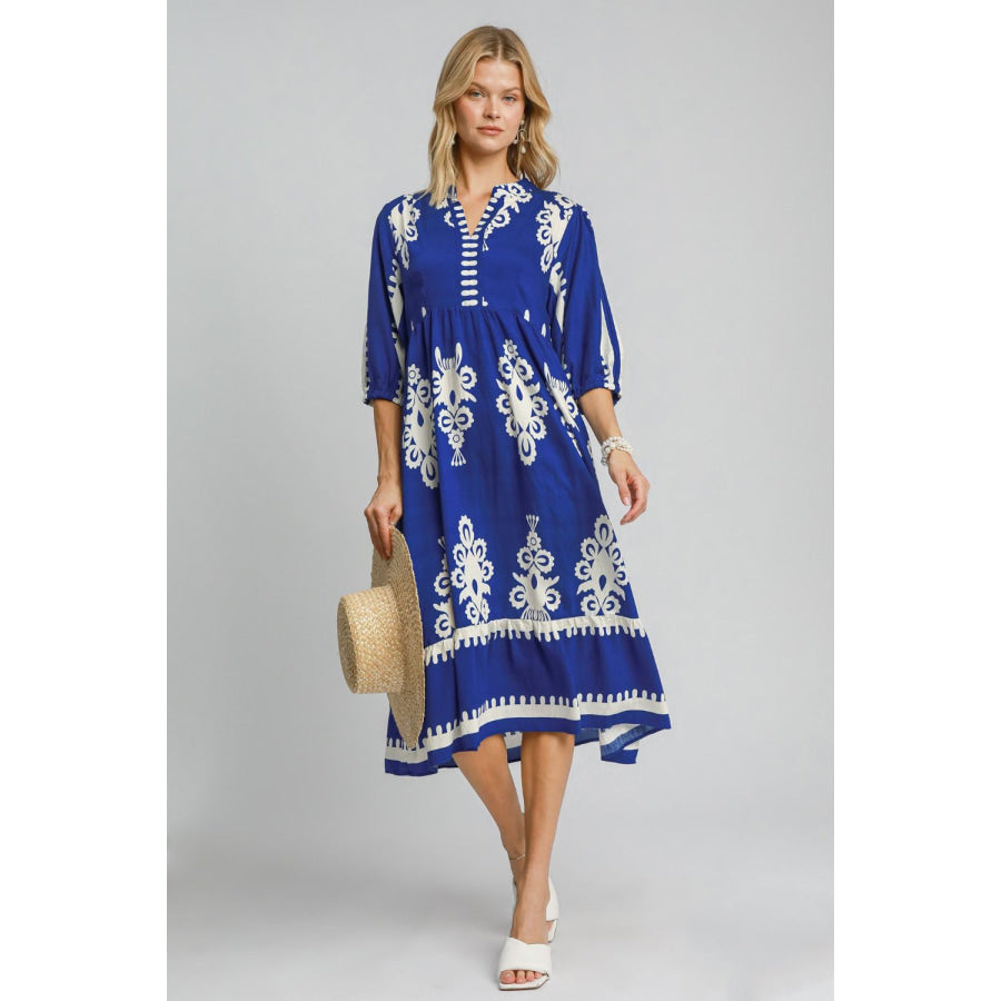 Umgee Printed Notched Midi Dress Royal Blue / S Apparel and Accessories