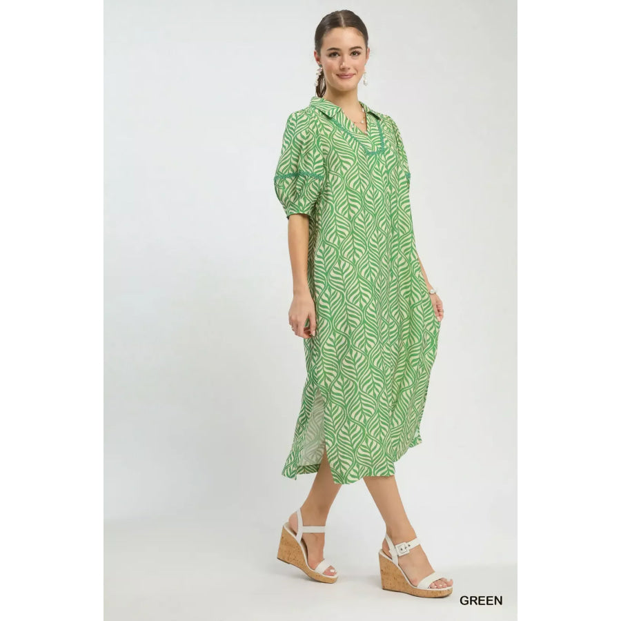 Umgee Printed Puff Sleeve Midi Dress with Pockets Apparel and Accessories