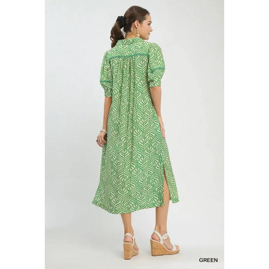 Umgee Printed Puff Sleeve Midi Dress with Pockets Apparel and Accessories