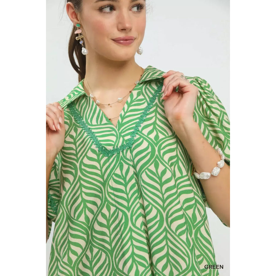 Umgee Printed Puff Sleeve Midi Dress with Pockets Apparel and Accessories