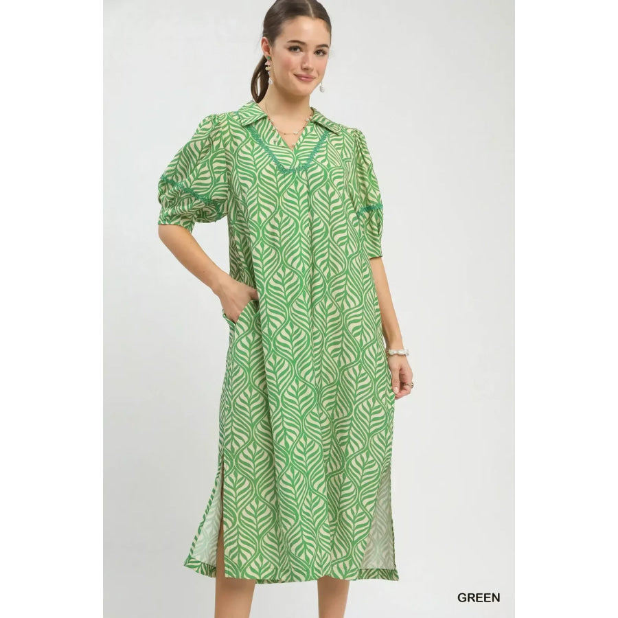 Umgee Printed Puff Sleeve Midi Dress with Pockets Apparel and Accessories