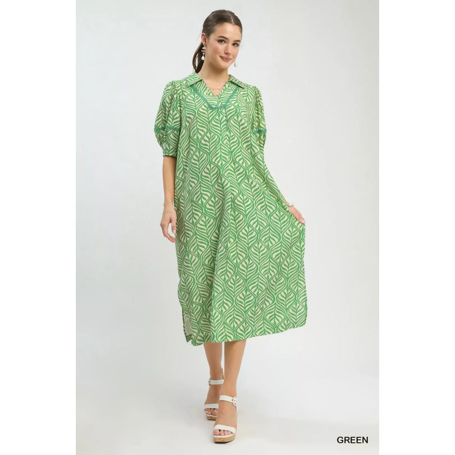 Umgee Printed Puff Sleeve Midi Dress with Pockets GREEN / S Apparel and Accessories
