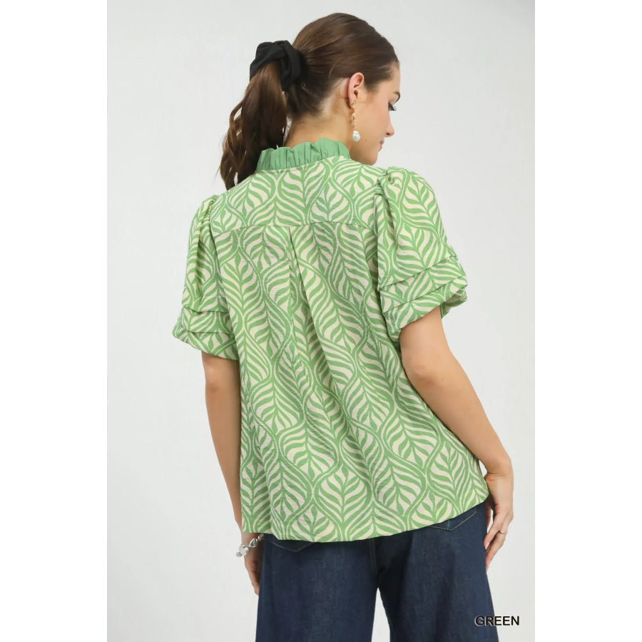 Umgee Printed Puff Sleeve Ruffle Neck Top Apparel and Accessories