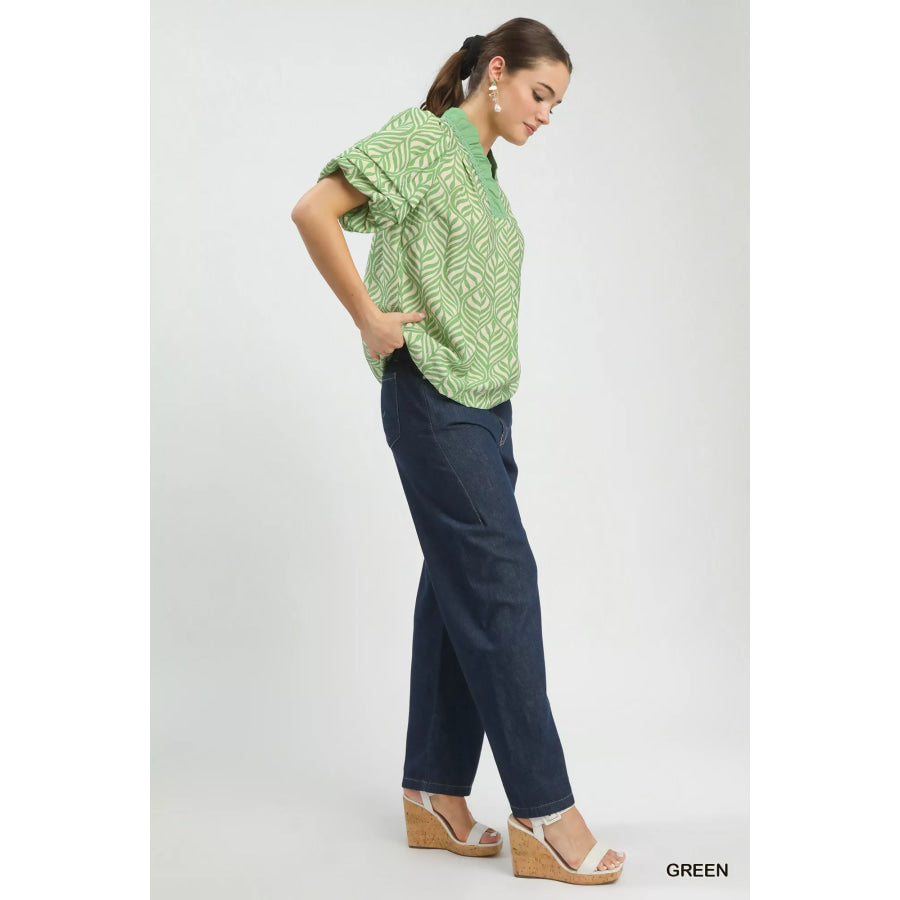 Umgee Printed Puff Sleeve Ruffle Neck Top Apparel and Accessories