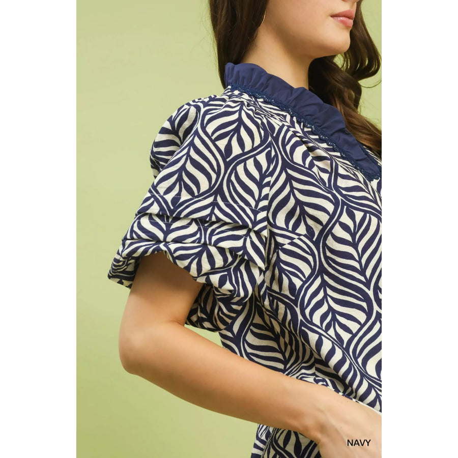 Umgee Printed Puff Sleeve Ruffle Neck Top Apparel and Accessories