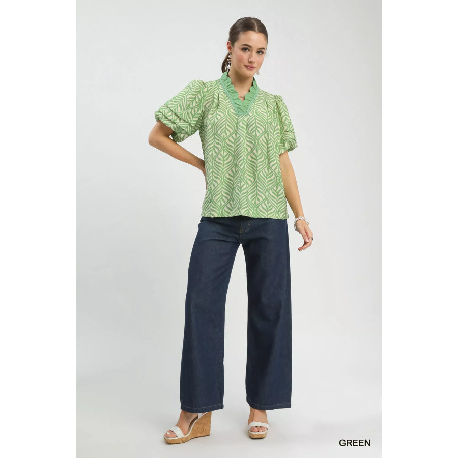 Umgee Printed Puff Sleeve Ruffle Neck Top Apparel and Accessories
