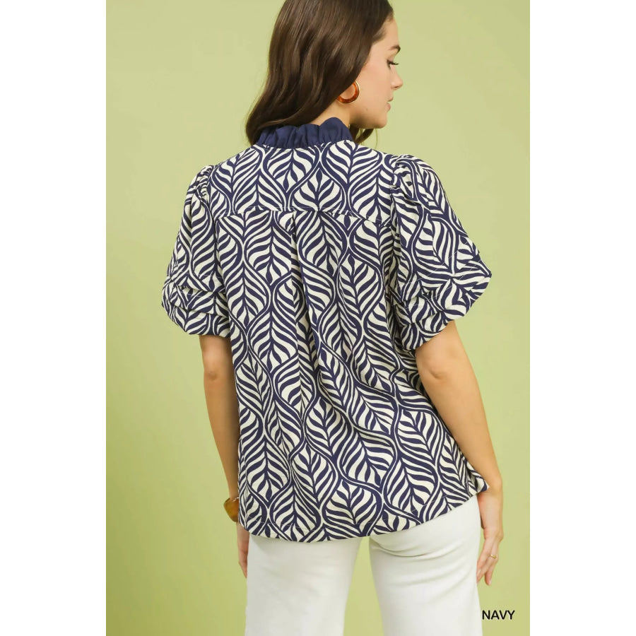 Umgee Printed Puff Sleeve Ruffle Neck Top Apparel and Accessories