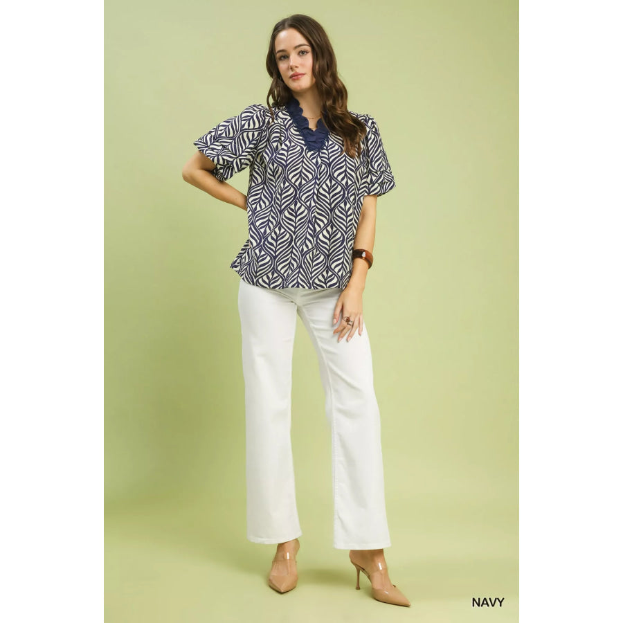 Umgee Printed Puff Sleeve Ruffle Neck Top Apparel and Accessories
