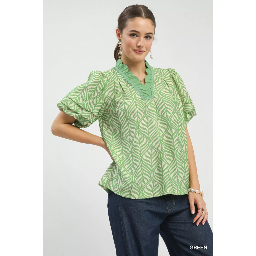 Umgee Printed Puff Sleeve Ruffle Neck Top Apparel and Accessories