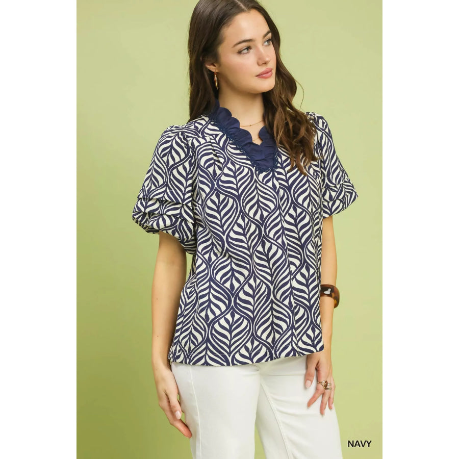 Umgee Printed Puff Sleeve Ruffle Neck Top NAVY / S Apparel and Accessories