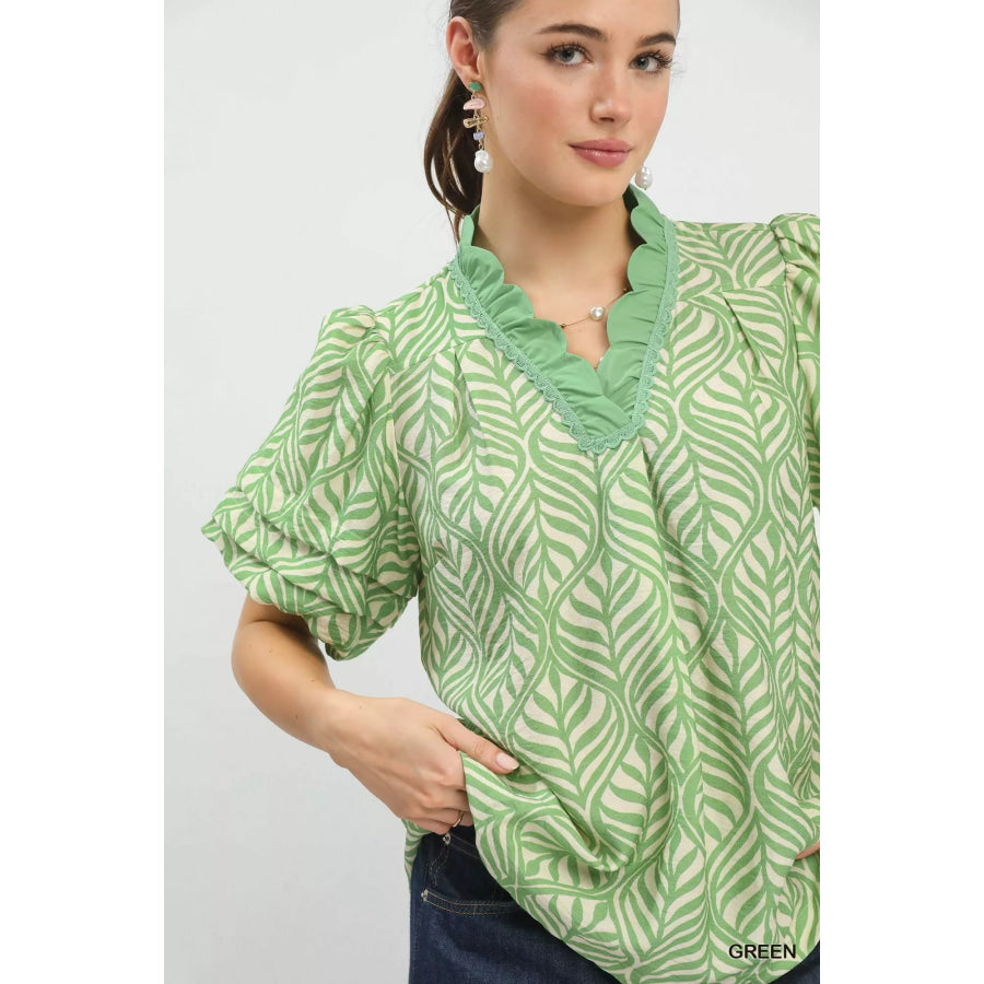 Umgee Printed Puff Sleeve Ruffle Neck Top Apparel and Accessories