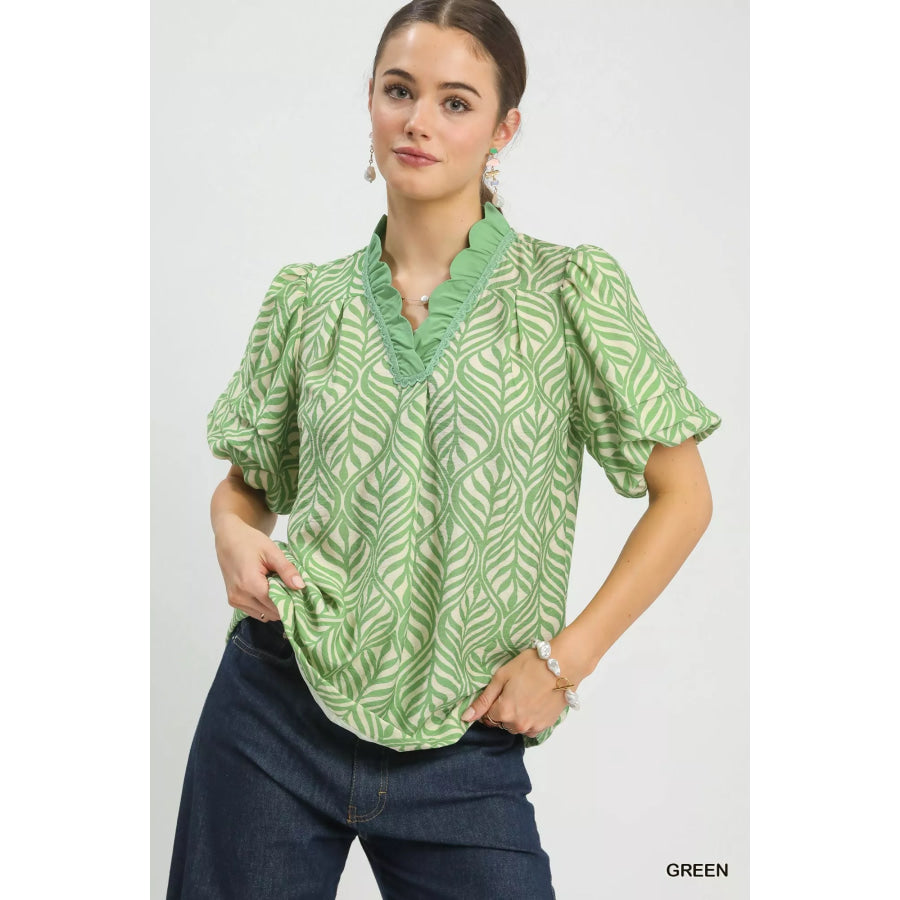 Umgee Printed Puff Sleeve Ruffle Neck Top GREEN / S Apparel and Accessories
