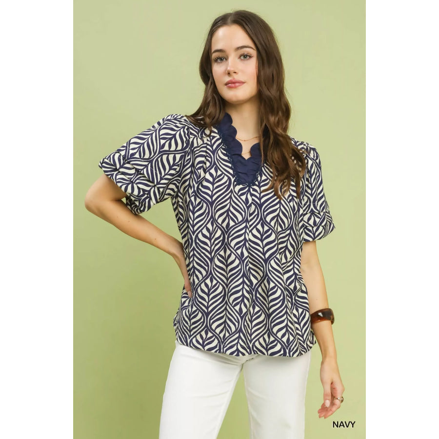 Umgee Printed Puff Sleeve Ruffle Neck Top NAVY / S Apparel and Accessories