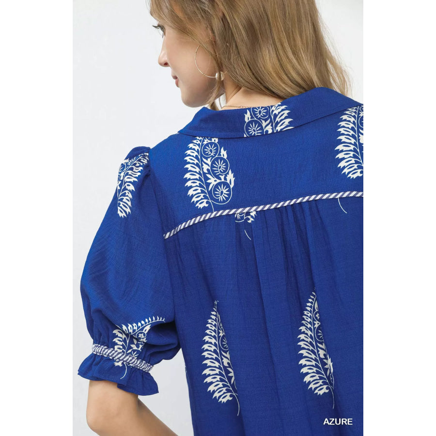 Umgee Printed Puff Sleeve Split Neck Top Apparel and Accessories
