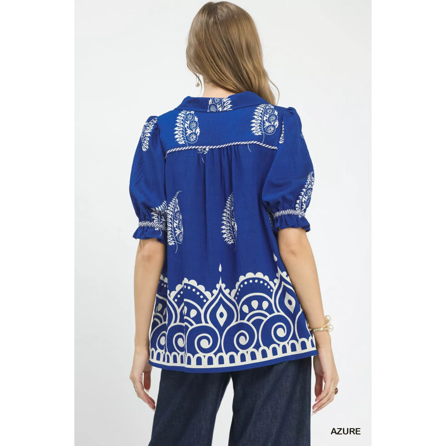 Umgee Printed Puff Sleeve Split Neck Top Apparel and Accessories
