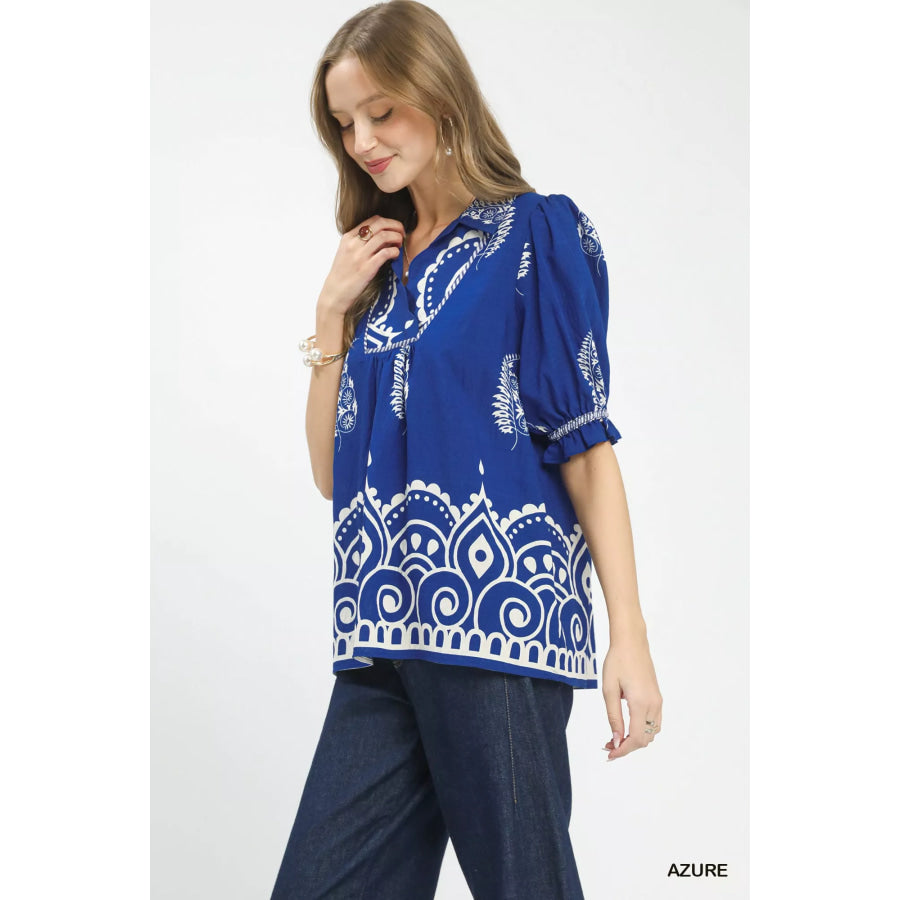 Umgee Printed Puff Sleeve Split Neck Top AZURE / S Apparel and Accessories