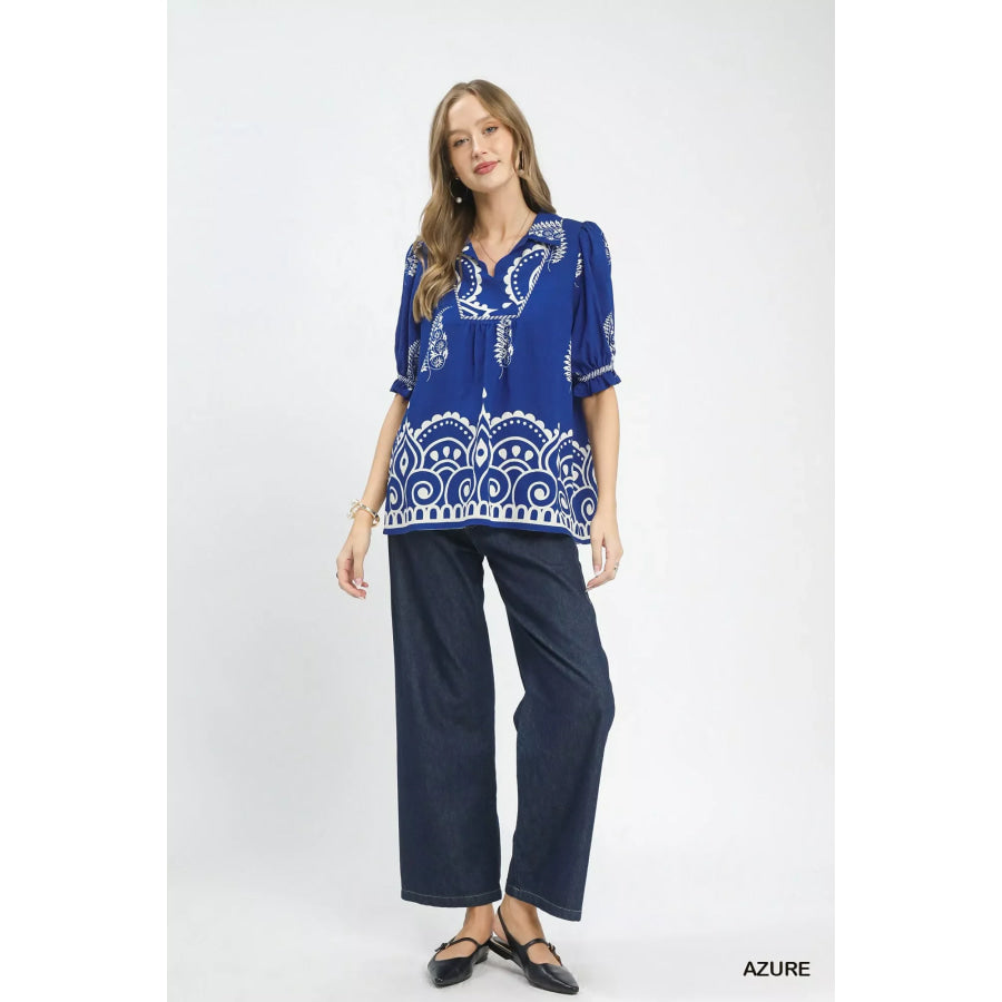 Umgee Printed Puff Sleeve Split Neck Top Apparel and Accessories