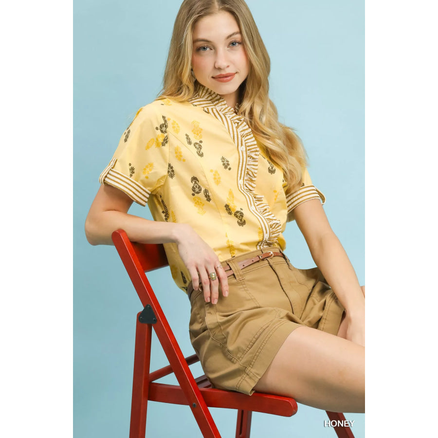 Umgee Printed Ruffle Trim Button Front Blouse Apparel and Accessories