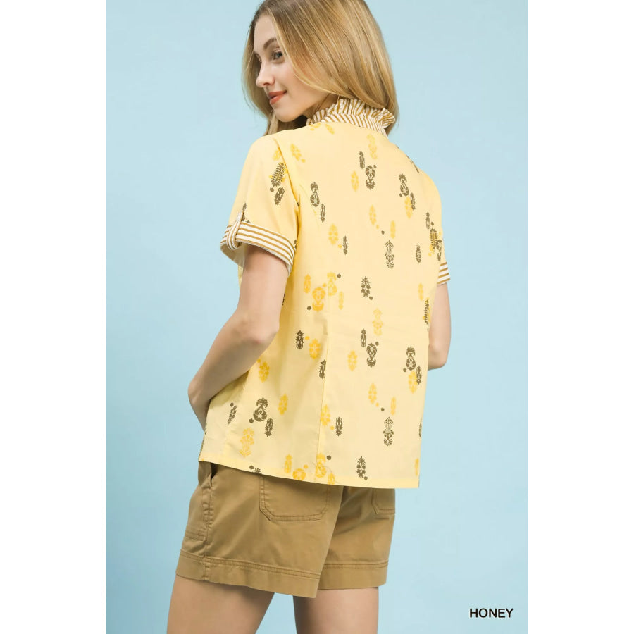 Umgee Printed Ruffle Trim Button Front Blouse Apparel and Accessories