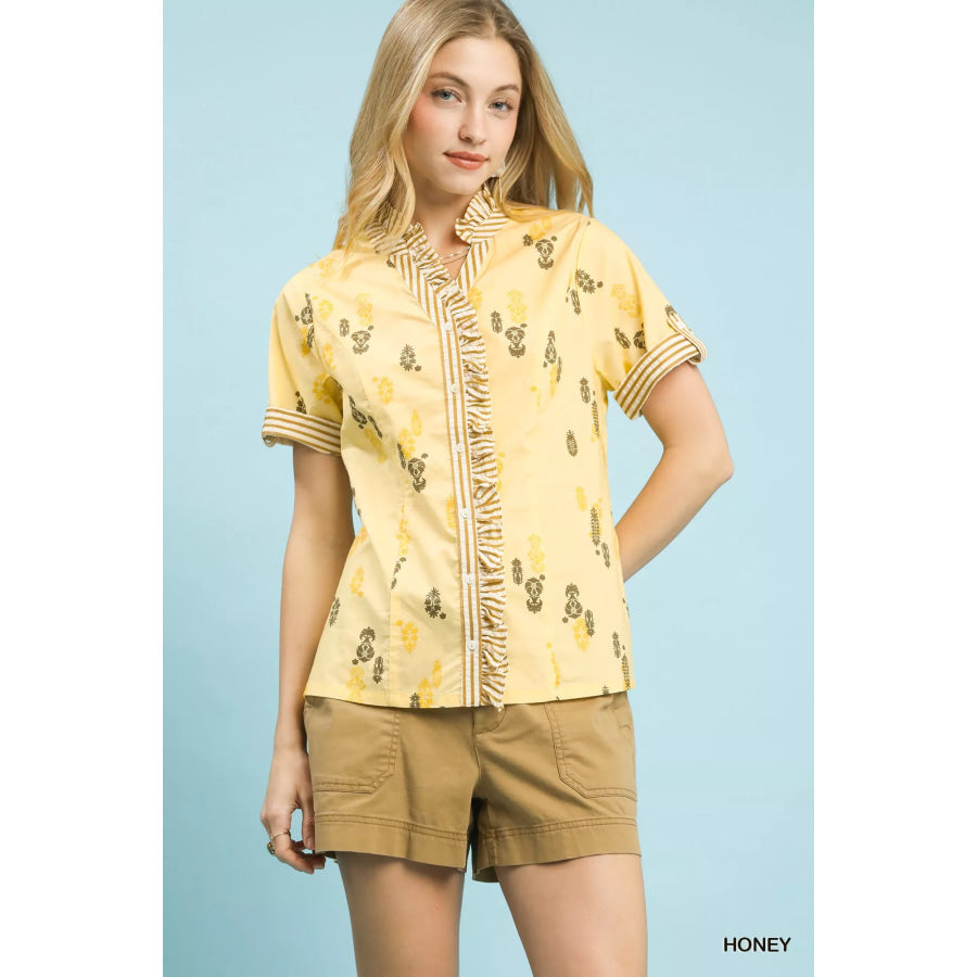 Umgee Printed Ruffle Trim Button Front Blouse HONEY / S Apparel and Accessories