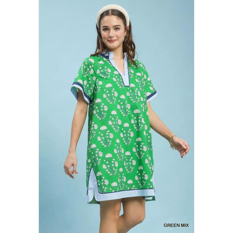 Umgee Printed Split Neck Short Sleeve Shift Dress Apparel and Accessories